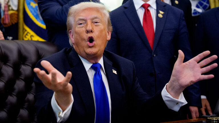 President Donald Trump speaks to reporters in the Oval Office.