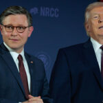 Speaker of the House Mike Johnson and President Donald Trump at an NRCC event.