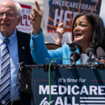 Sen. Bernie Sanders and Rep. Pramila Jaypal at a news conference.