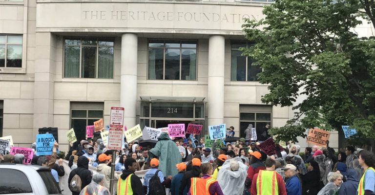 Demonstrators Descend on Heritage Foundation to Protest Trump Budget