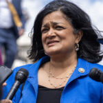 Rep. Pramila Jayapal, D-Wash., talks with reporters outside the U.S. Capitol after the House reauthorized Section 702 of the Foreign Intelligence Surveillance Act (FISA) on Friday, April 12, 2024. (Tom Williams/CQ-Roll Call, Inc via Getty Images)