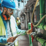 A young male engineer With a hard hat is examining the pipe system In a factory and checking the data on his tablet.