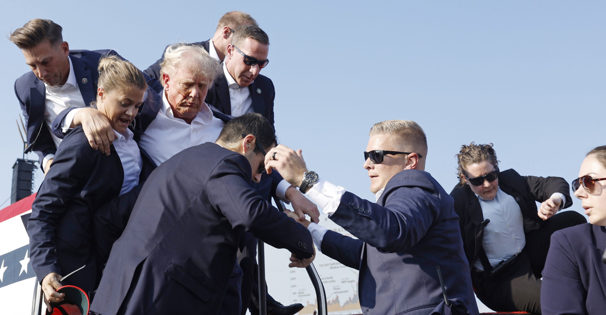 Republican presidential candidate former President Donald Trump is rushed offstage during a rally on July 13, 2024 in Butler, Pennsylvania. (Photo: Anna Moneymaker/Getty Images)