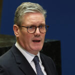 Keir Starmer, British Prime Minister, stands in a suit, and addresses the United Nations General Assembly