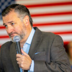 Ted Cruz in a suit without a tie leans in in front of an American flag