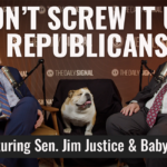 Sen. Jim Justice and Babydog on set of this week’s “The Signal Sitdown with Bradley Devlin”