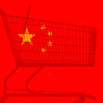 An illustration of a silhouette of a shopping cart against a backdrop of a Chinese flag.