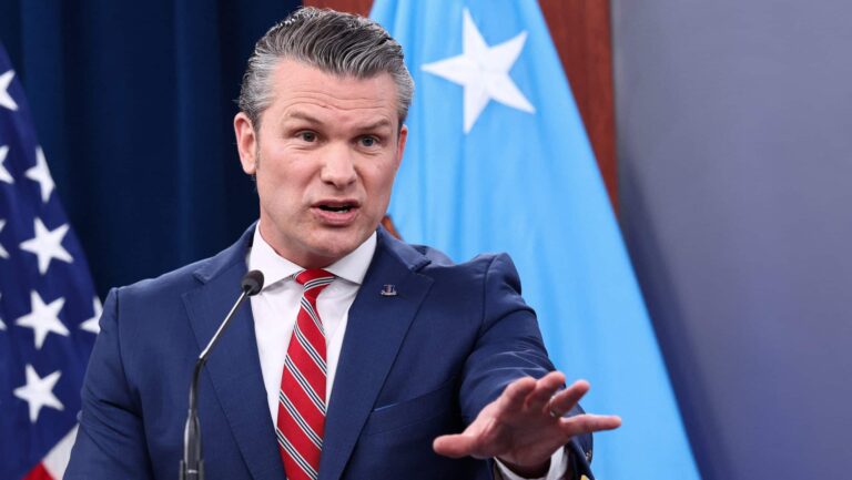 Secretary of Defense Pete Hegseth holds a briefing on the Iran war, with Chairman of the Joint Chiefs of Staff General Dan Caine (not pictured), at the Pentagon in Washington, D.C., May 5, 2026. REUTERS/Kevin Lamarque