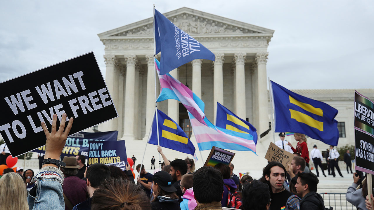 A new document suggests a parental-rights strategy from the LGBTQ movement. Pictured: a crowd protests outside a large government building, holding signs and waving flags, including a transgender pride flag and Human Rights Campaign flags. One sign reads, WE WANT TO LIVE FREE..