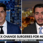 Two men in suits appear in a split-screen news broadcast. The headline below reads, Sex change surgeries for minors? with the Fox News and Jesse Watters Primetime logos visible at the bottom.