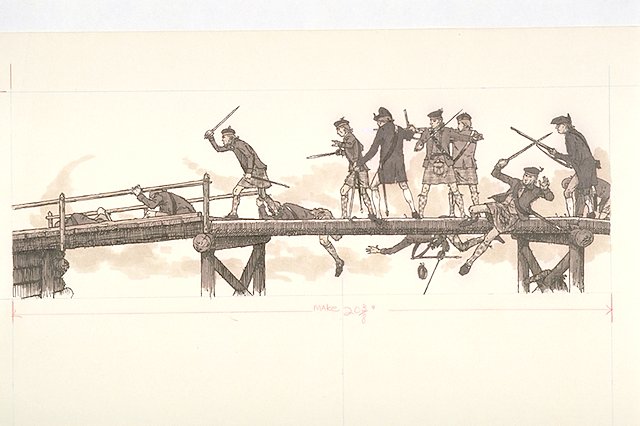 A group of soldiers chases and attacks people on a wooden bridge; some are falling or hanging off, while others run or fight back with weapons.