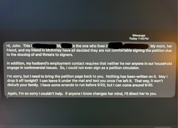 McKinney Recall Effort Draws Federal Civil Rights Complaint Over Alleged Intimidation 2 A phone screen shows a message explaining why the sender cannot help circulate a petition due to concerns about doxxing, threats, and employment restrictions, and offers to bring the petition page back that night.