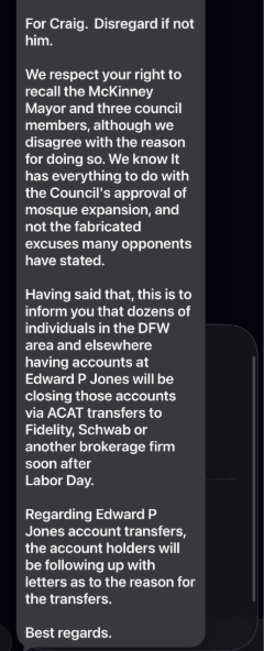 McKinney Recall Effort Draws Federal Civil Rights Complaint Over Alleged Intimidation 1 Screenshot of a message discussing the recall of the McKinney Mayor, council decisions, council members, and Edward P Jones account transfers ahead of Labor Day.