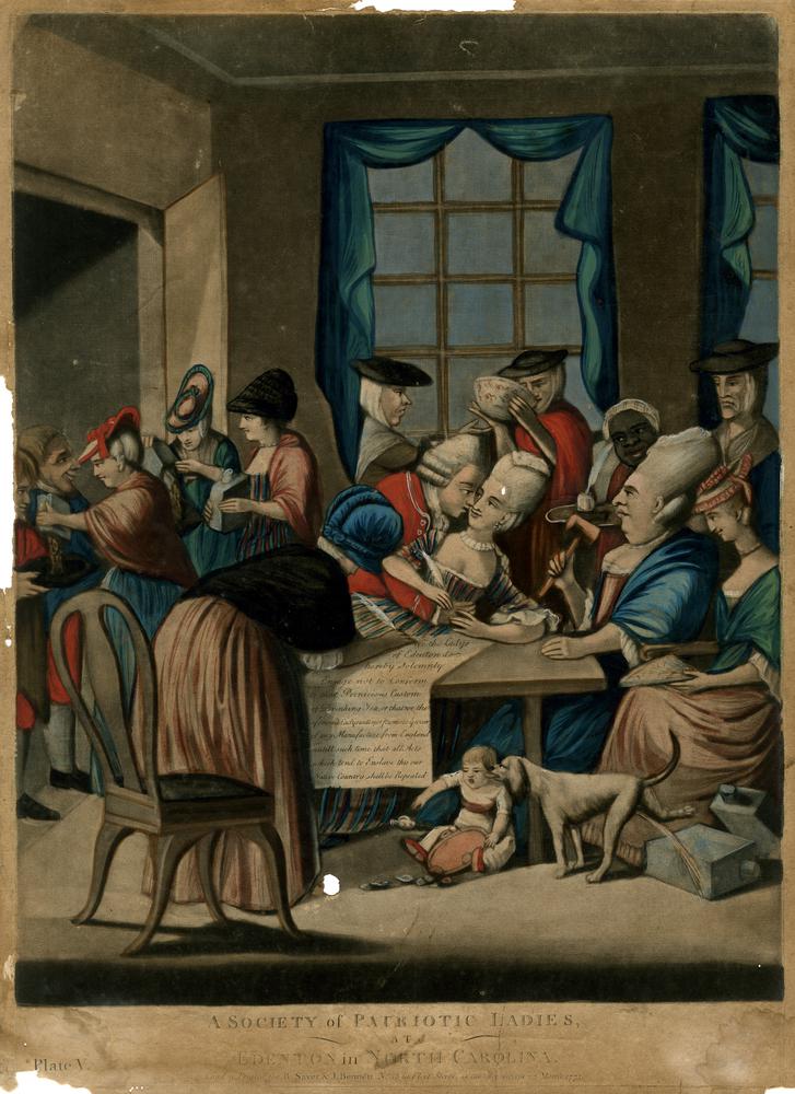 A group of women in 18th-century dress gather indoors, some writing at a table, others sewing or holding papers. A dog sits nearby, and a window is open in the background. The scene is lively and collaborative.