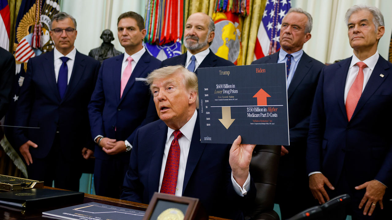 Home 1 Donald Trump sits at a desk holding a chart comparing drug prices, surrounded by six men in suits, with U.S. flags and military emblems in the background, highlighting his focus on the economy.