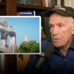 A man in a black cap speaks into a microphone as a photo of the World Trade Center towers during 9/11, with smoke billowing out, overlays the image. Bookshelves are visible in the background.