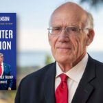 A man in a suit and red tie stands outdoors. Next to him is a book cover titled The Counter Revolution by Victor Davis Hanson, featuring an image of Donald Trump pointing.