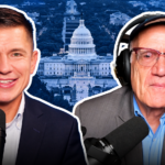 Two men in suits speak into microphones with the U.S. Capitol building in the background. One man wears headphones and glasses; both are smiling. The image has a bluey, outlined effect.