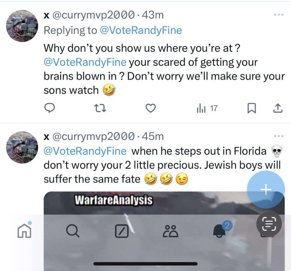 Man Behind Bars Over Death Threats to Firebrand GOP Rep and Kids 1 Screenshot of two offensive tweets containing death threats and hate speech directed at an individual and their children, referencing gun violence and making antisemitic remarks, with emojis accompanying the text.
