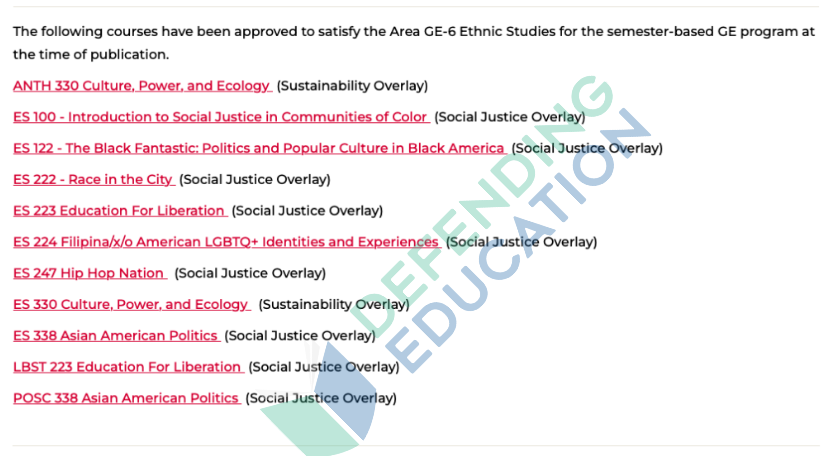 A list of ethnic studies courses and overlays for a GE program is shown, with some course titles in red, overlaid by a watermark reading DEFENDING EDUCATION across the text.