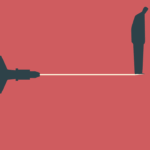 A silhouette of a person standing on the tip of a large medical syringe needle, evocative of the themes of euthanasia.