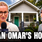 A reporter holds a microphone in front of a house next to a portrait of Ilhan Omar, with the text Ilhan Omar’s house at the bottom.