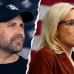 A split image showing a man in a navy baseball cap on the left and a blonde woman speaking into a microphone on the right, both in front of American flags.