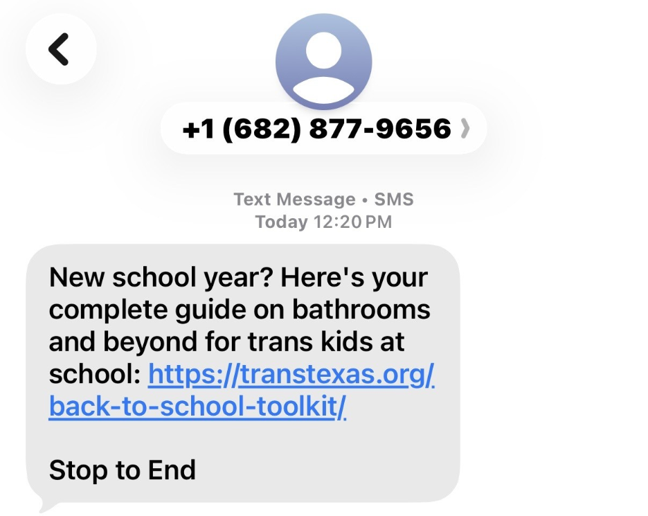A text message from +1 (682) 877-9656 sharing a back-to-school guide for trans kids at transtexas.org/back-to-school-toolkit/.