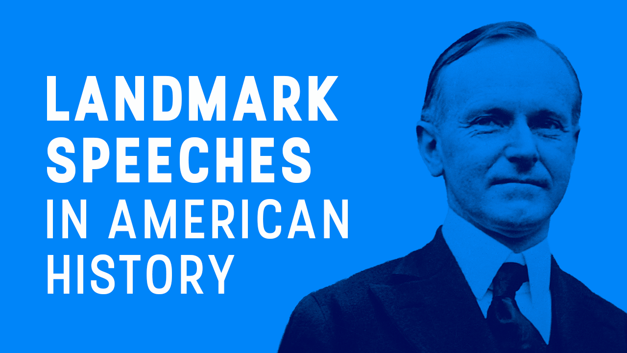 Home 1 A man in a suit stands on the right against a blue background. On the left, bold white text reads, Landmark Speeches in American History..