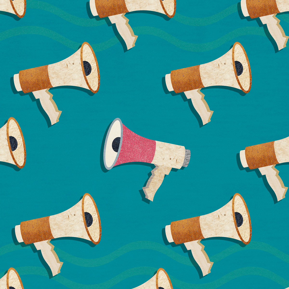 A pattern of megaphones with one megaphone facing in the opposite direction to the rest. A composite image made of photographic textures and drawn elements.