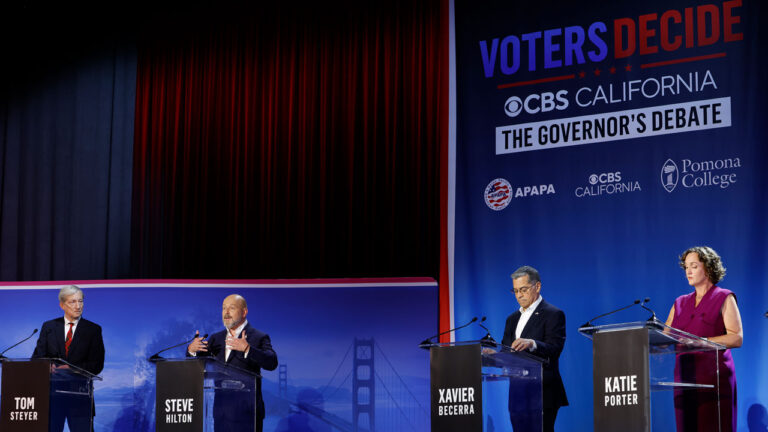 California gubernatorial candidates (L-R) Democrat Tom Steyer, Republican Steve Hilton, Democrat Xavier Becerra, and Democrat Katie Porter participate in the CBS California Gubernatorial Debate.