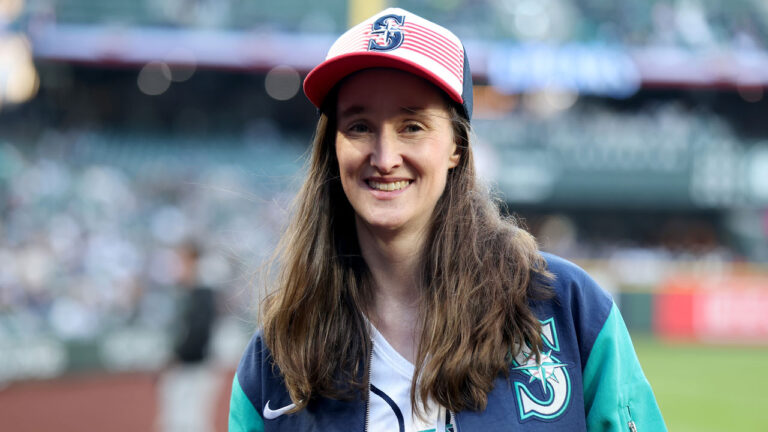 Seattle Mayor Katie Wilson looks on after the ceremonial first pitch before the game between the Seattle Mariners and the New York Yankees at T-Mobile Park on March 30, 2026 in Seattle, Washington. (Steph Chambers/Getty Images)