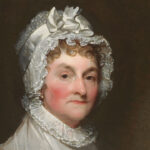 Cropped portrait of Abigail Adams in white bonnet.