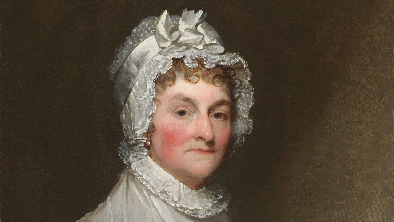 Cropped portrait of Abigail Adams in white bonnet.