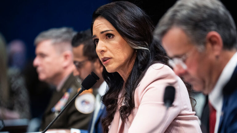 Tulsi Gabbard, flanked by other witnesses, testifies at a congressional hearing.