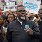Mayor Brandon Johnson participates in a May Day march on May 01, 2026 in Chicago, Illinois. The March was one of more than a thousand scheduled to take place around the country today. (Photo by Scott Olson/Getty Images)