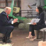 President Donald Trump face-to-face with NBC's Kristen Welker during interview, green tractor in the background