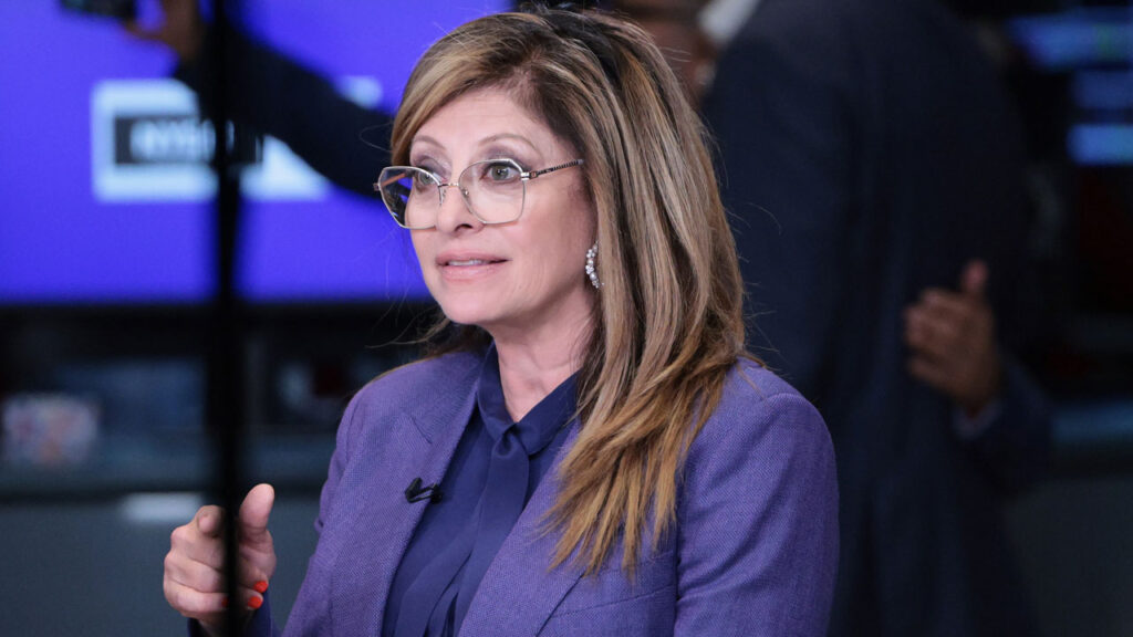 NEW YORK, NEW YORK - JULY 01: Fox Business anchor Maria Bartiromo speaks on the floor of the New York Stock Exchange during morning trading on July 01, 2026 in New York City. Stocks opened up with losses on the first day of trading in the month of July after the market had its best quarter since 2020. (Photo by Michael M. Santiago/Getty Images)