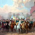Digitally restored Revolutionary War painting of General George Washington and his men, triumphantly entering New York City as crowds cheer, November 25, 1783.