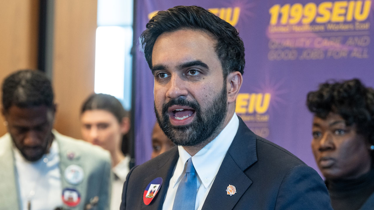 Home 2 Zohran Mamdani talks to reporters at SEIU event.