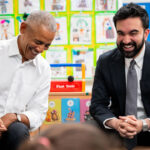 NEW YORK, NEW YORK - APRIL 18: Former President Barack Obama and Mayor Zohran Mamdani laugh together while visiting Learning Through Play Pre-K on April 18, 2026 in the Bronx borough of New York City. (Photo by Angelina Katsanis - Pool/Getty Images)