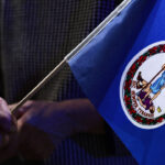 A person in gray holds a small Virginia state flag on a stick. The background is dim, highlighting the flag’s seal and vivid blue color.