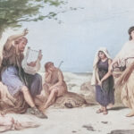 Ancient people gather outdoors; a seated man plays a lyre while others listen. Two women and a girl stand nearby, one woman holding a jug. Trees and distant buildings appear in the background.