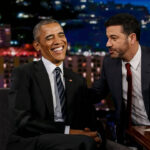 Jimmy Kimmel and Barack Obama laugh it up on the set of Jimmy Kimmel Live!