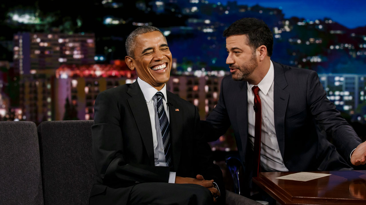Jimmy Kimmel and Barack Obama laugh it up on the set of Jimmy Kimmel Live!