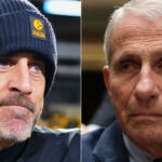 Split image: On the left, a man in a dark knit hat and sports attire looks to the side. On the right, an older man in a suit—reminiscent of Fauci—looks thoughtful and serious.