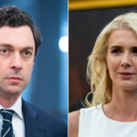 A split image shows a man in a suit and tie on the left with dark hair, and a woman with long blonde hair and a white top on the right, both in professional settings.