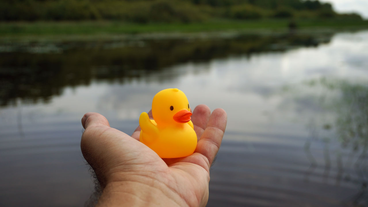 A person holds a small yellow rubber duck over calm water, with greenery and cloudy sky reflected on the lakes surface in the background.
