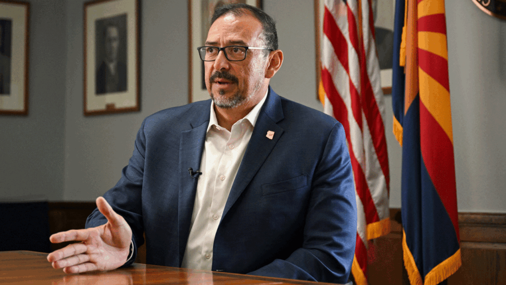 Arizona Secretary of State Adrian Fontes speaks during an interview with AFP in Phoenix, Arizona on June 4, 2024. (Patrick T. Fallon/AFP via Getty Images)