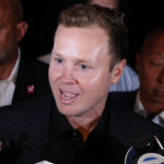 Los Angeles mayoral candidate Spencer Pratt speaks to the media outside of a election night party at Don Antonio's Mexican restaurant on June 2. (Ronaldo Bolaños / Los Angeles Times via Getty Images)